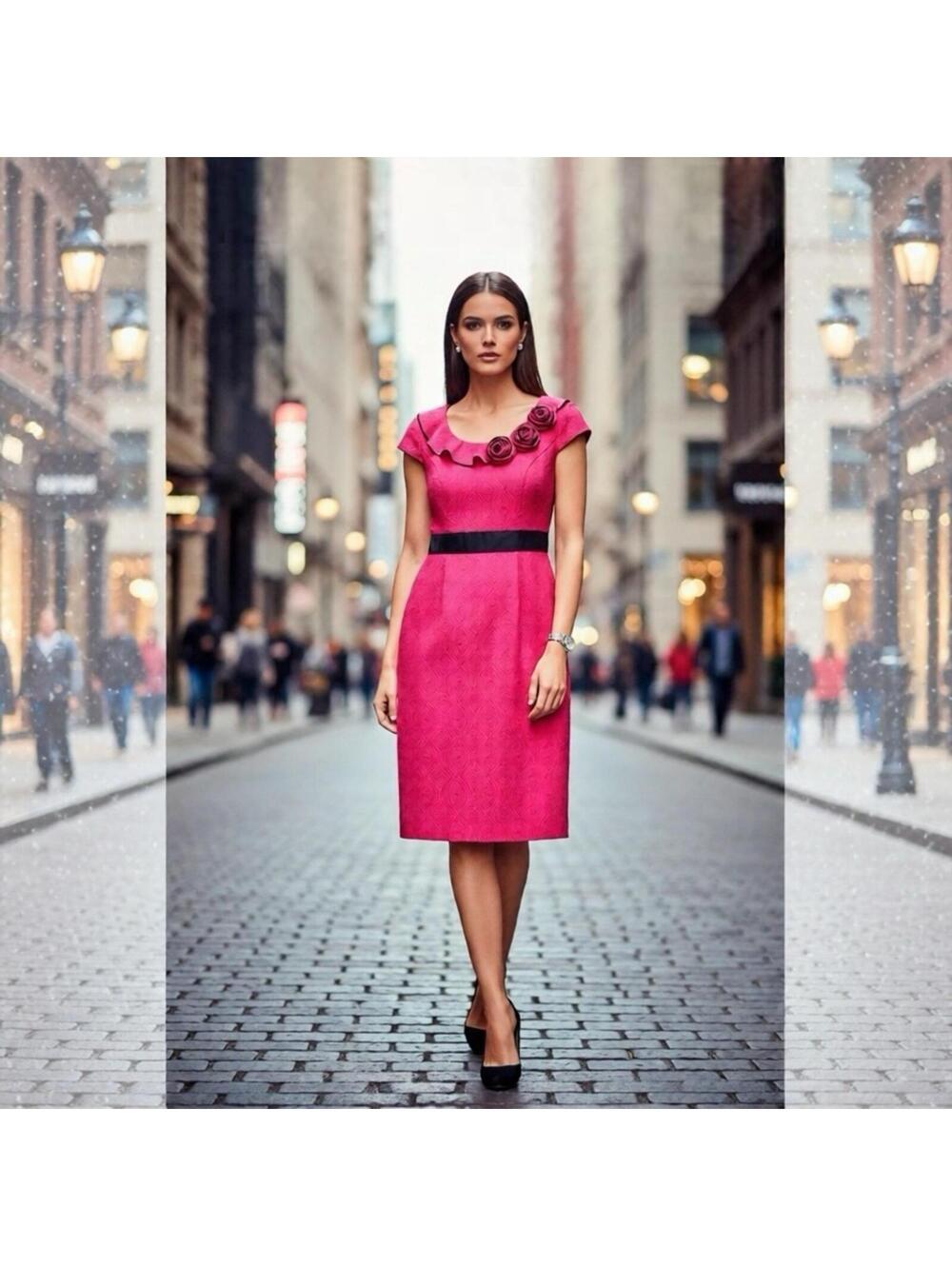 Another Thyme Pink Cap Sleeve Sheath Dress with Black Waist Trim, Size 12